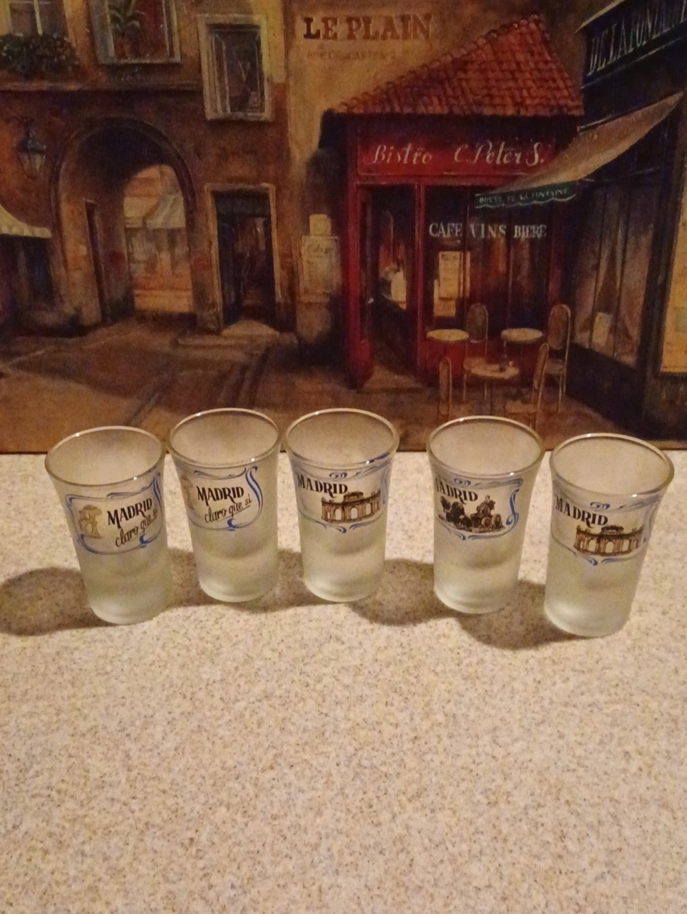 Madrid Frosted Souvenir Shot Glasses with Gold and Blue Accents - Set of 5